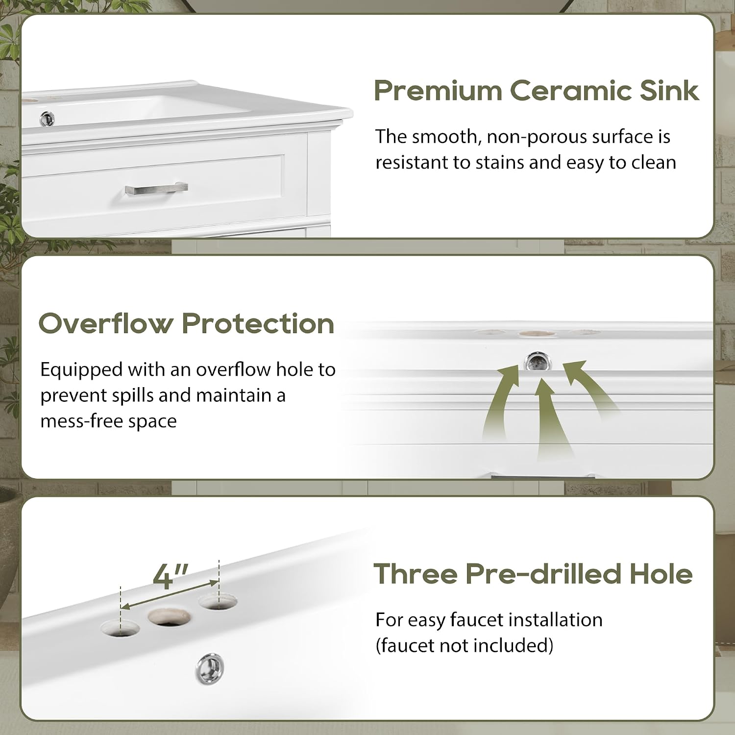 Harper & Bright Designs 24' Bathroom Vanity Top, Single Bathroom Vanity Top with Undermount Rectangular Middle Sink, Pre-Drilled 4 Inch Faucet Hole Vanity Top, (Faucet&Cabinet Not Included)
