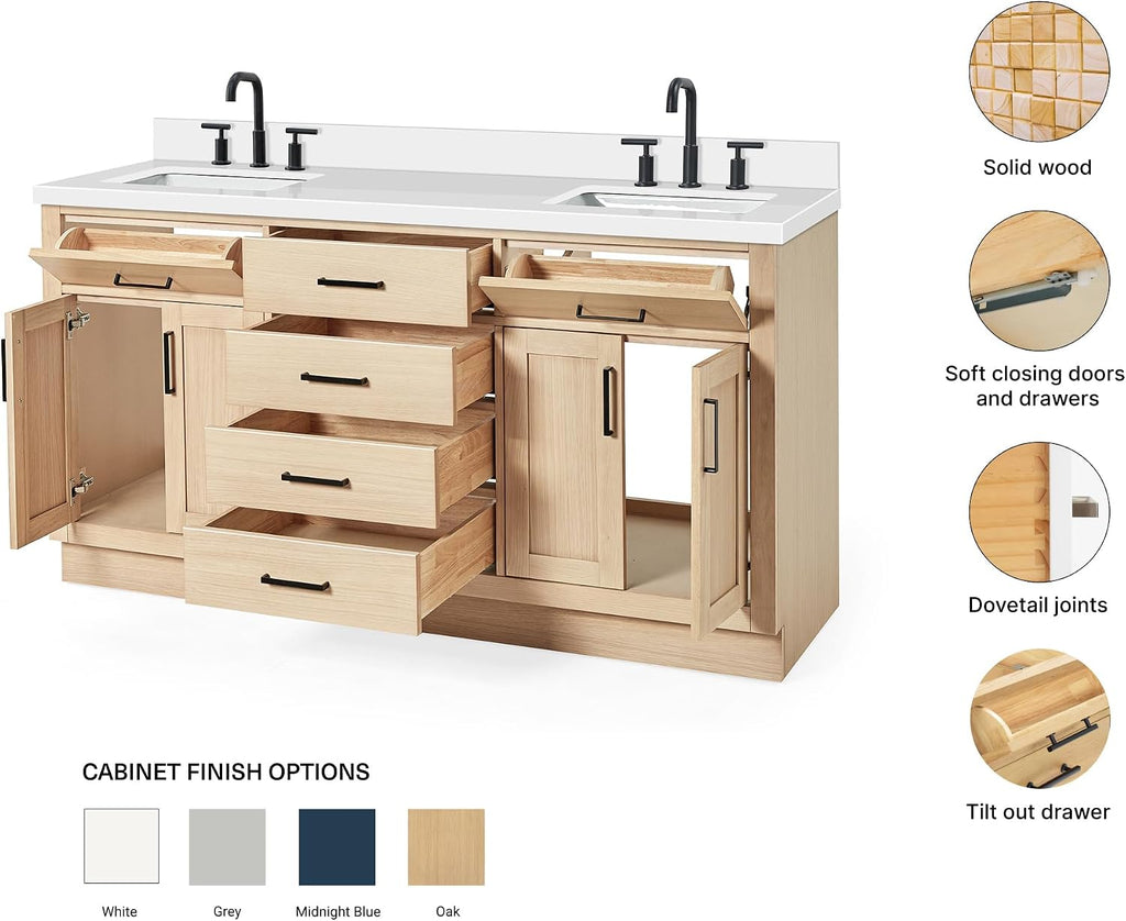 ARIEL Hepburn 66-inch Bathroom Vanity with Sink,Solid Wood, 1.5-inch Pure White Quartz Countertop, Double Rectangular Porcelain Sink, 4 Soft Closing Doors, 6 Dovetail Drawers, White Oak