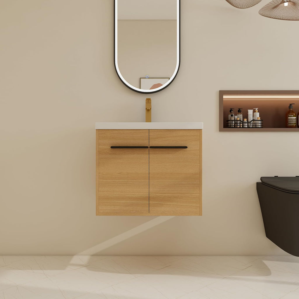 24 Inch Floating Bathroom Vanity with Sink, 24'' Wall Mount Vanity with Resin Countertop, Soft Close Doors, Double Door Storage Cabinet for Small Bathroom, Apartment, Powder Room