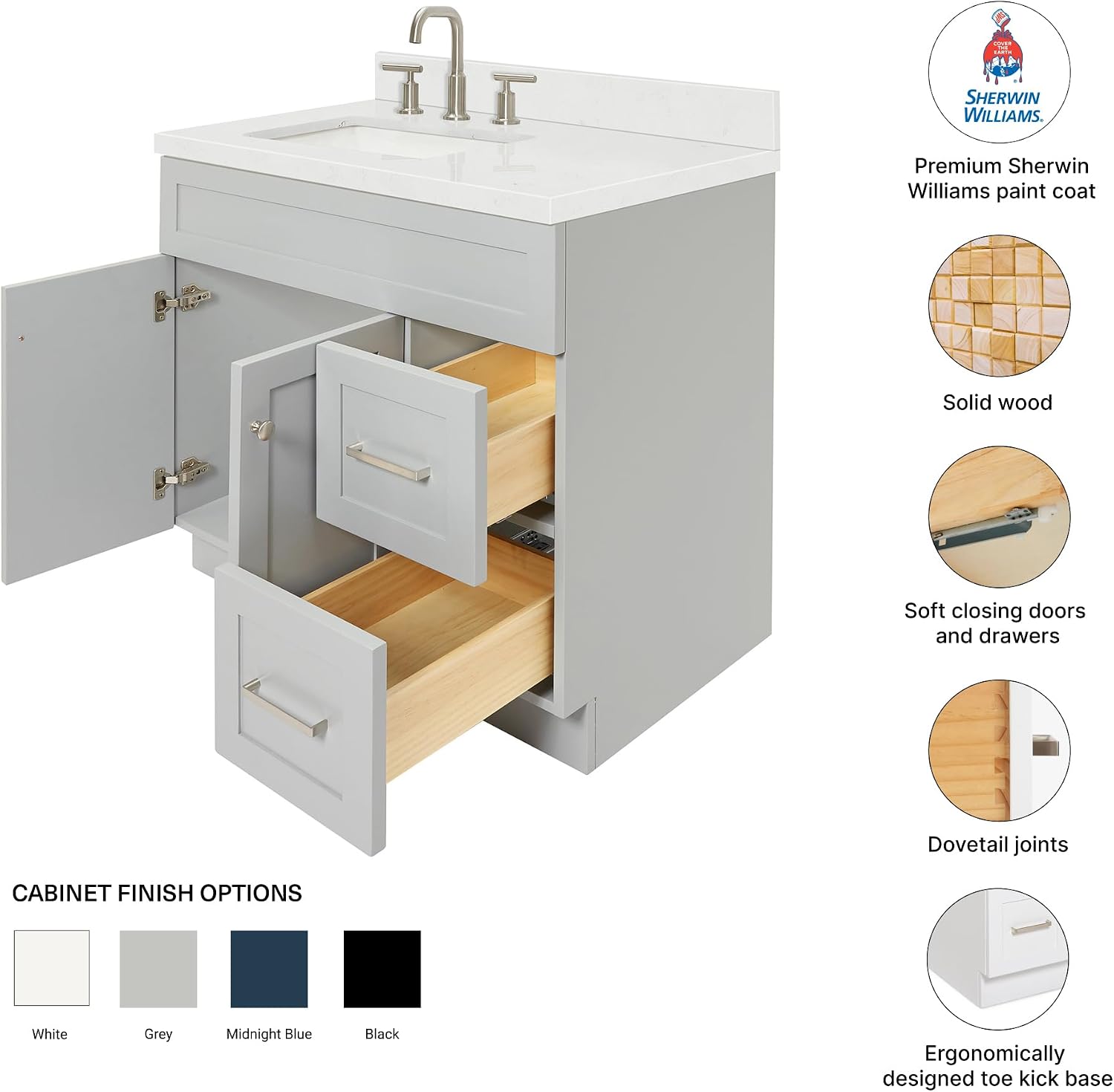 DKB Bradford 36-Inch Grey Bathroom Vanity with Left Rectangular Sink, 1.5' Carrara Quartz Countertop & Backsplash, 2 Soft-Closing Doors, 2 Full Extension Drawers, Toe Kick, Brushed Nickel Hardware