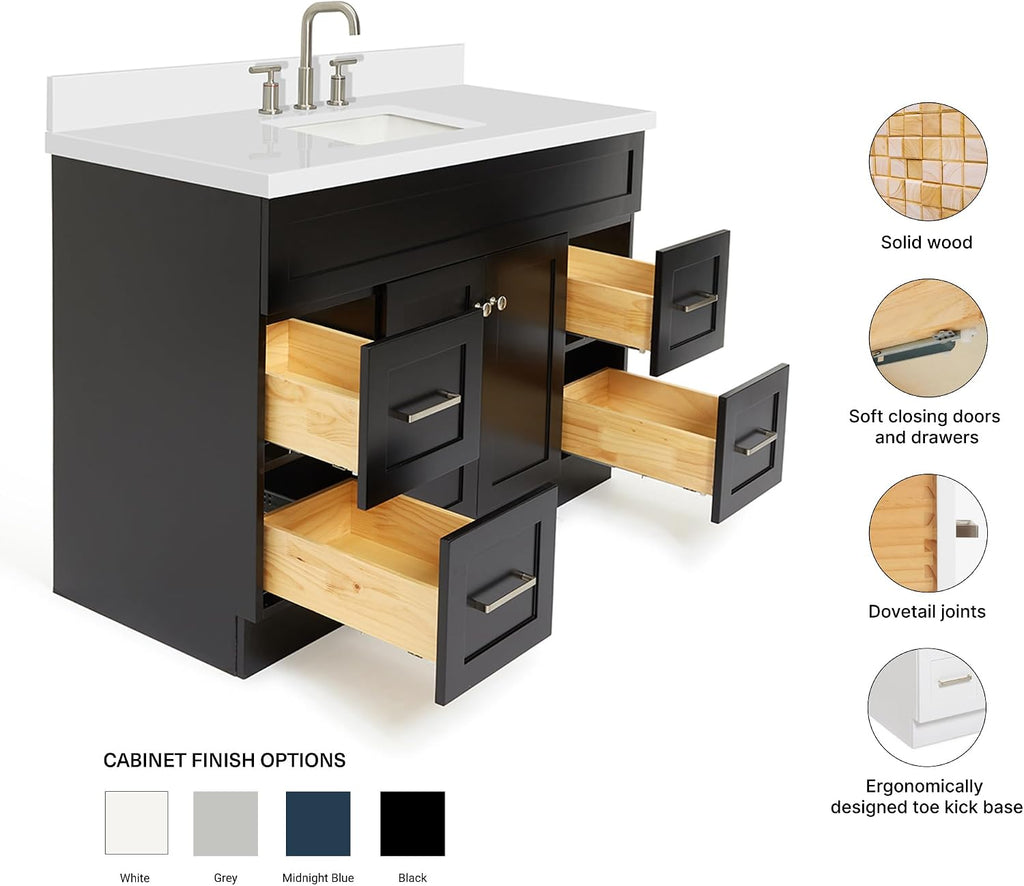 ARIEL Hamlet 48-inch Bathroom Vanity with Sink,Solid Wood, 1.5-inch Pure White Quartz Countertop & Backsplash, Single Rectangular Porcelain Sink, 2 Soft Closing Doors, 4 Dovetail Drawers, Black