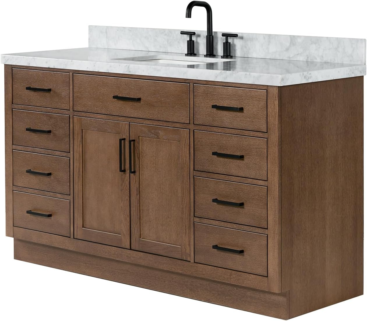 ARIEL Hepburn 60-inch Bathroom Vanity with Sink,Solid Wood, 1.5-inch Italian Carrara Marble Countertop, Single Rectangular Porcelain Sink, 2 Soft Closing Doors, 9 Dovetail Drawers, Brown Oak