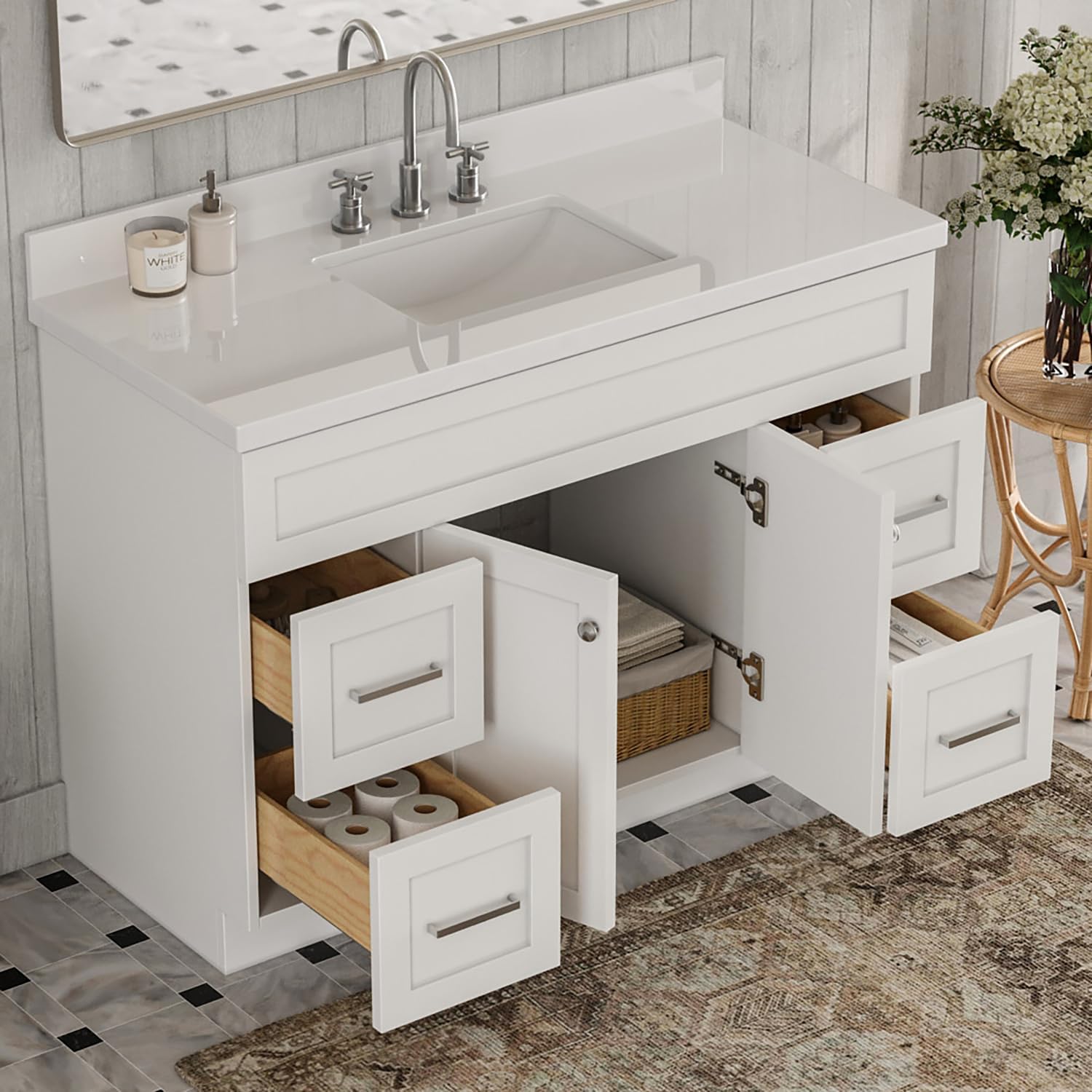 ARIEL Hamlet 48-inch Bathroom Vanity with Sink,Solid Wood, 1.5-inch Pure White Quartz Countertop & Backsplash, Single Rectangular Porcelain Sink, 2 Soft Closing Doors, 4 Dovetail Drawers, White