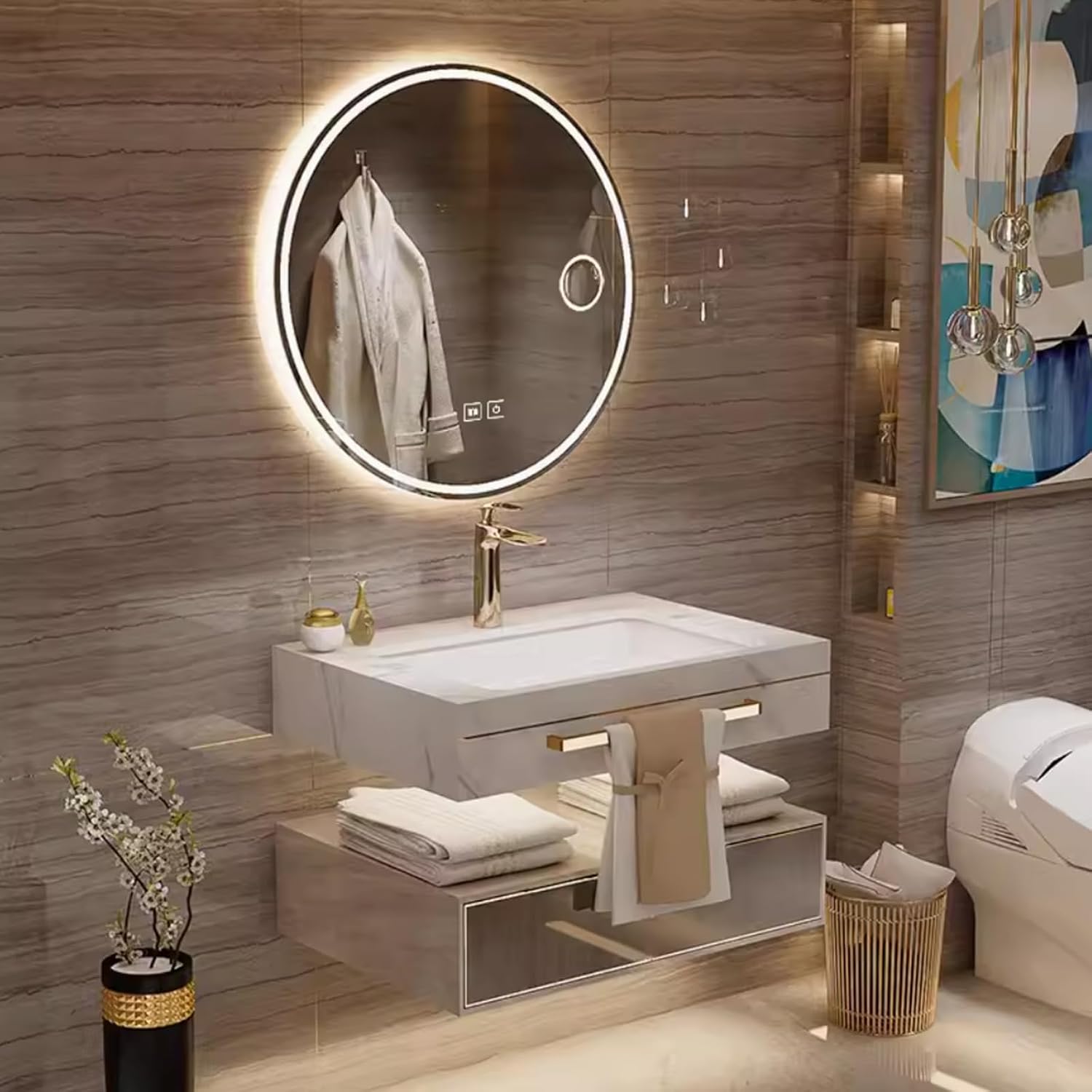 24 Inch Luxury Bathroom Vanity, Floating Bathroom Vanity with Sink and LED Round Smart Defogger Mirror,Multilayer solid wood Spacious Storage Drawer Include Faucet and Drain Fittings,Single Sink