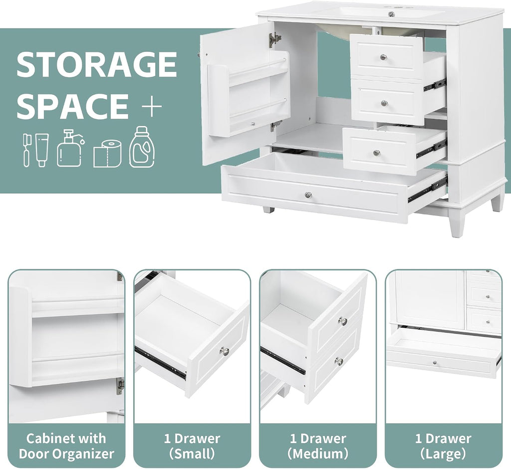 Mirightone 36' Vanity with Sink, Bathroom Vanities 36 Inch with Sink, Single Sink Bathroom Vanity with Door Shelf and Three Drawers, Restroom Vanity with Sink Top (White)