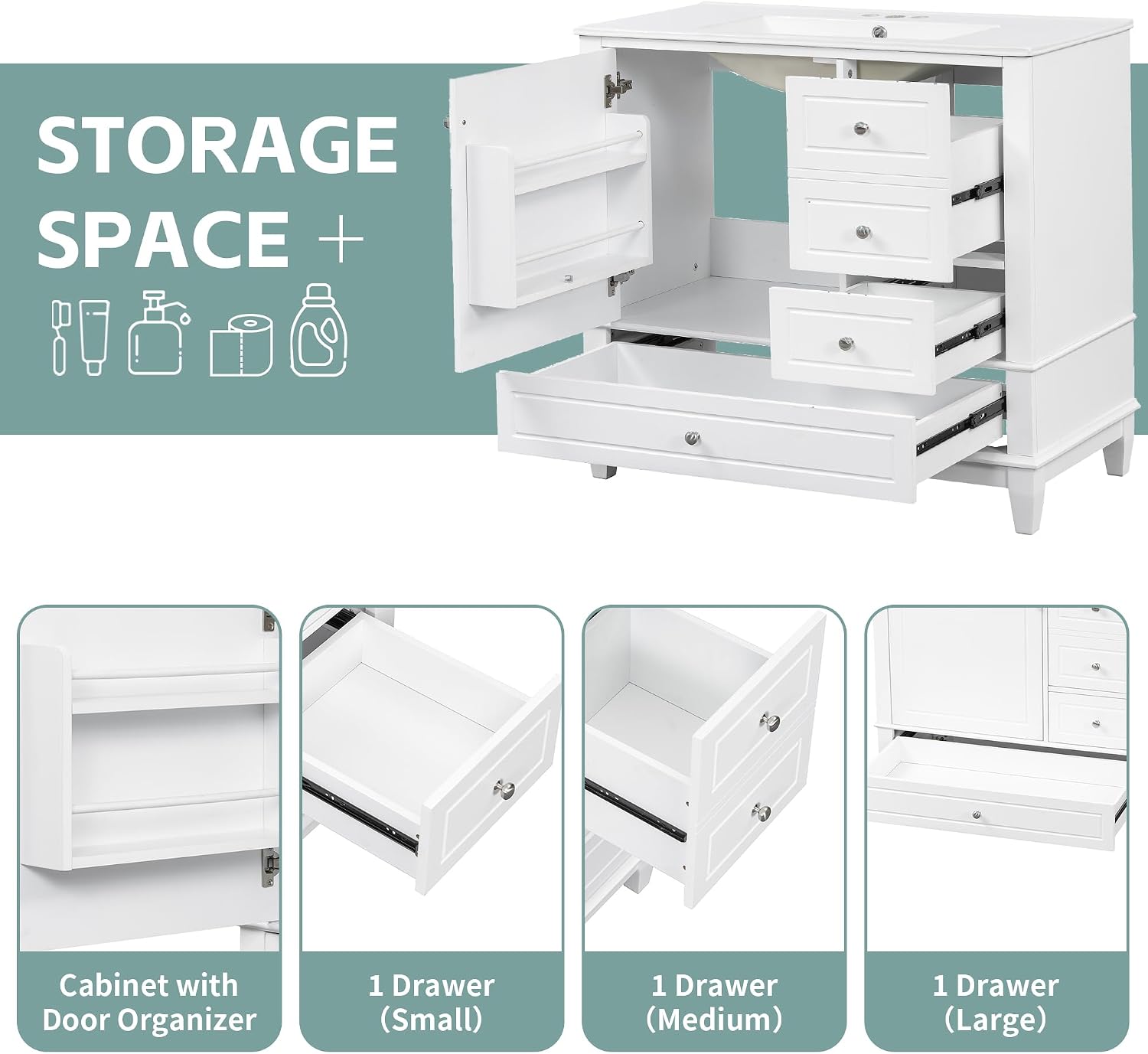 Mirightone 36' Vanity with Sink, Bathroom Vanities 36 Inch with Sink, Single Sink Bathroom Vanity with Door Shelf and Three Drawers, Restroom Vanity with Sink Top (White)