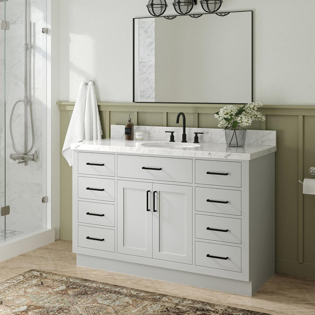 ARIEL Hepburn 54-inch Bathroom Vanity with Sink,Solid Wood, 1.5-inch Italian Carrara Marble Countertop & Backsplash, Single Oval Porcelain Sink, 2 Soft Closing Doors, 9 Dovetail Drawers, Grey