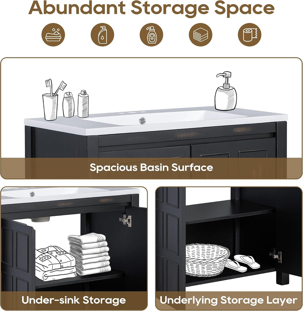 SOFTSEA 36' Bathroom Vanity with Sink Combo, Single Sink Bathroom Vanity with Soft-Close Doors, Solid Wood Frame Bathroom Cabinet, Resin Basin, Easy Assembly, Espresso