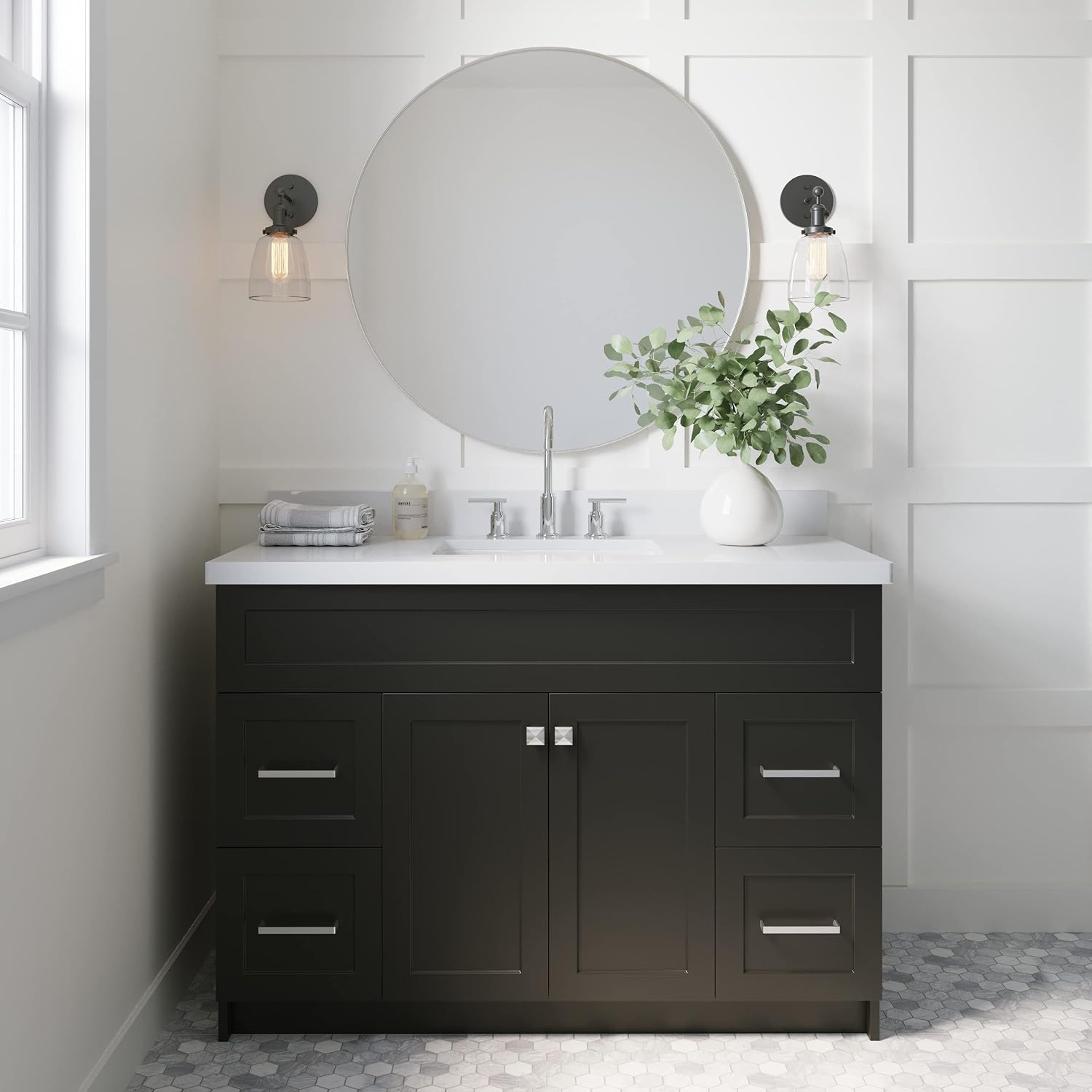 ARIEL Hamlet 48-inch Bathroom Vanity with Sink,Solid Wood, 1.5-inch Pure White Quartz Countertop & Backsplash, Single Rectangular Porcelain Sink, 2 Soft Closing Doors, 4 Dovetail Drawers, Black