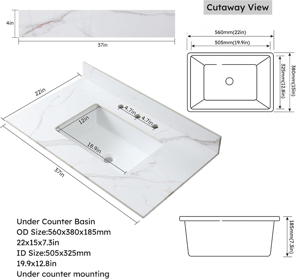 37 x 22 Inch Bathroom Vanity Top, Sintered Stone Top with Ceramic Sink, Three Hole Vanity Top With Undermount Rectangular Sink and 1 Backsplash (Carrara Gold, 3 Hole)