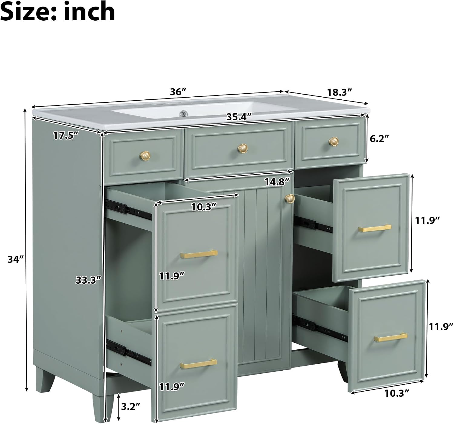 36' Bathroom Vanity with Ceramic Sink Countertop 1 Soft Close Doors 4 Drawers Adjustable Shelves Undermount Vanity with Storage (Green)