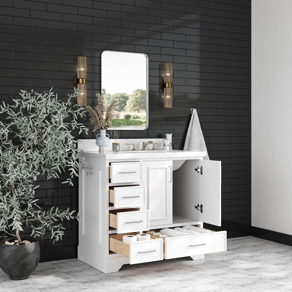 ARIEL Stafford 36-inch Bathroom Vanity with Sink,Solid Wood, 1.5-inch Italian Carrara Marble Countertop, Single Rectangular Porcelain Sink, 2 Soft Closing Doors, 5 Dovetail Drawers, White