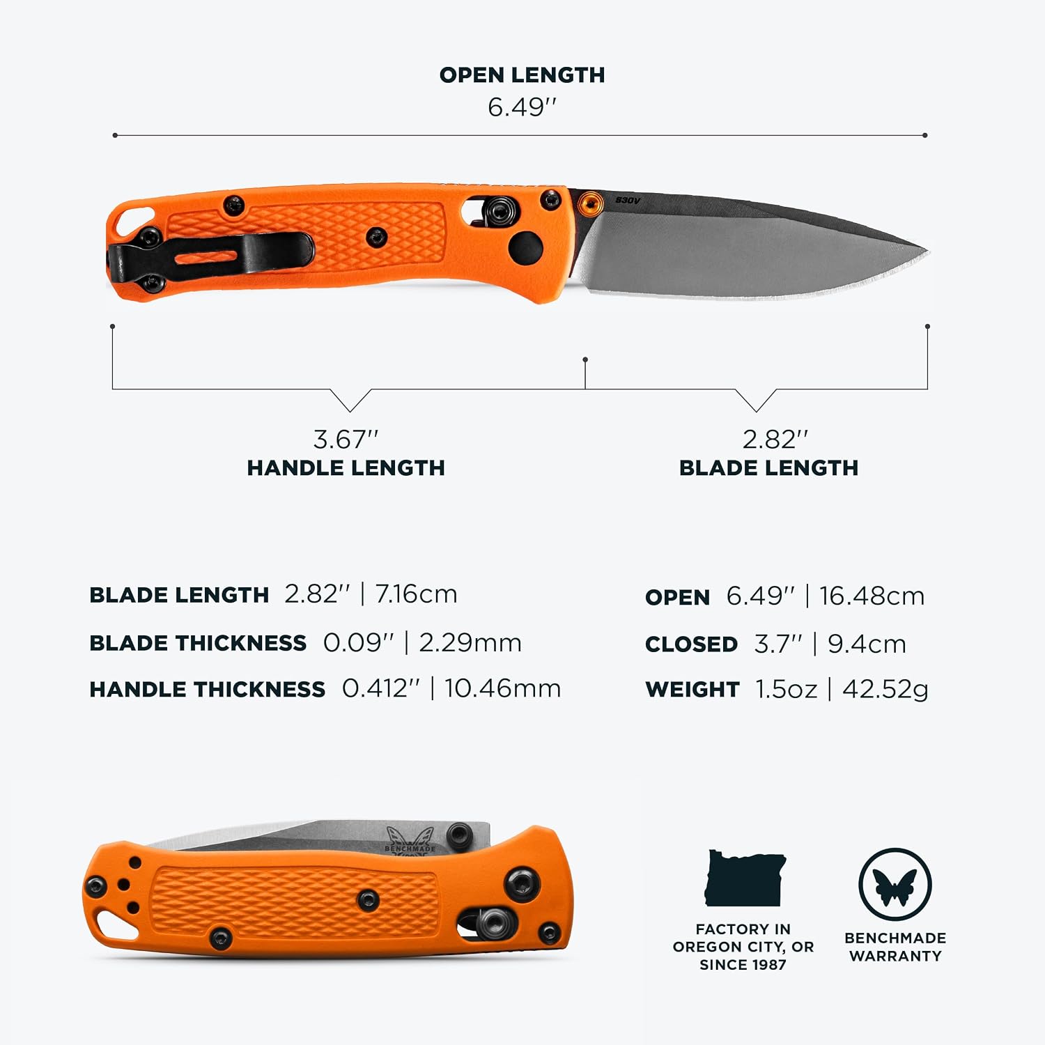 Benchmade - Mini Bugout, Outdoor, EDC Folding Knife, Drop-Point Blade with Orange Grivory Handle (533)