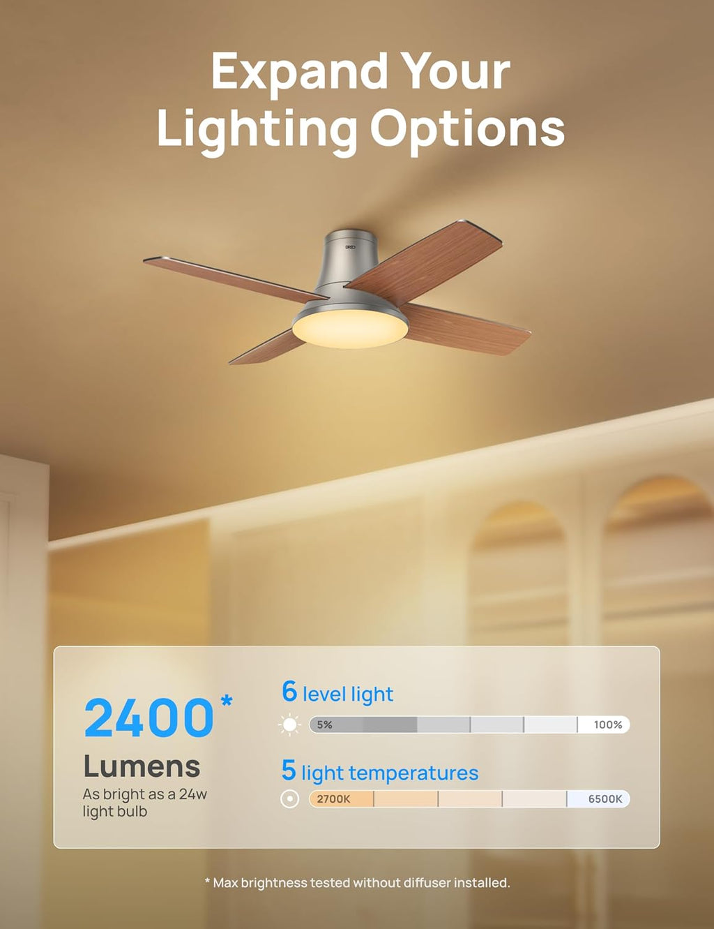 DREO Ceiling Fans with Lights and Remote, 44 inch Low Profile Sliver Ceiling Fan, Reversible, 5CCT, 6-Level Dimmable, 6 Speeds Bedroom Ceiling Fan, Quiet, Easy to Install, Timer, Flush Mount
