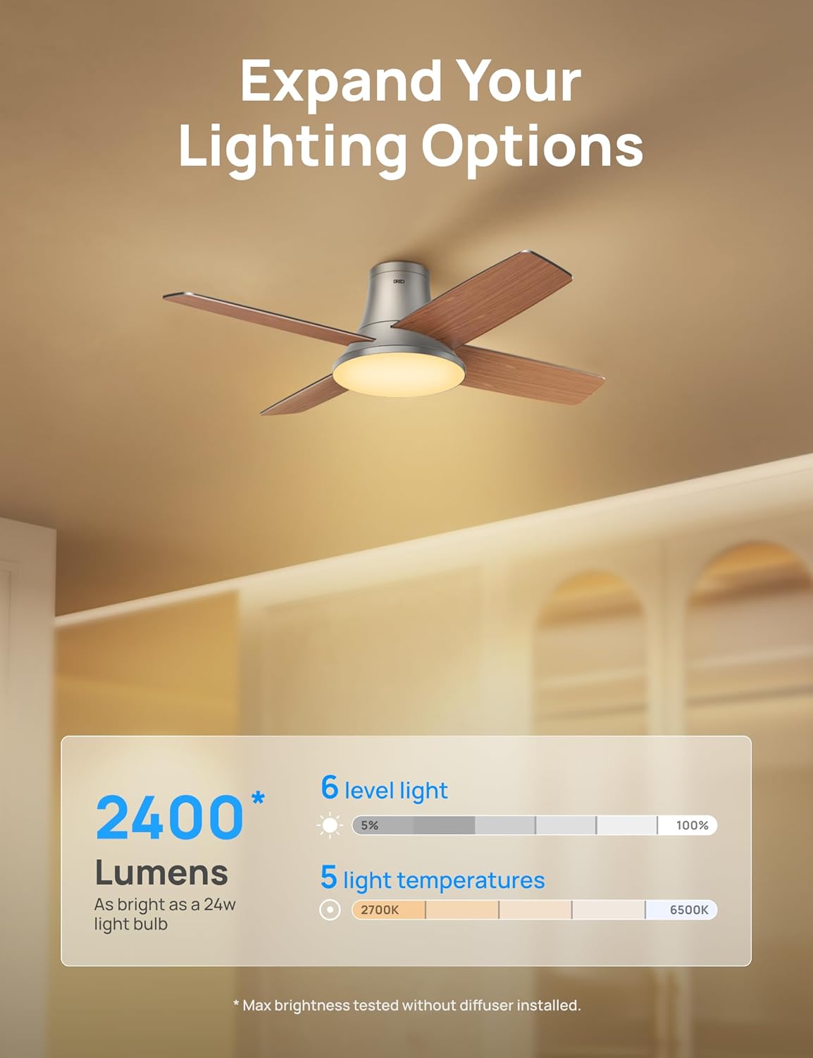 DREO Ceiling Fans with Lights and Remote, 44 inch Low Profile Sliver Ceiling Fan, Reversible, 5CCT, 6-Level Dimmable, 6 Speeds Bedroom Ceiling Fan, Quiet, Easy to Install, Timer, Flush Mount