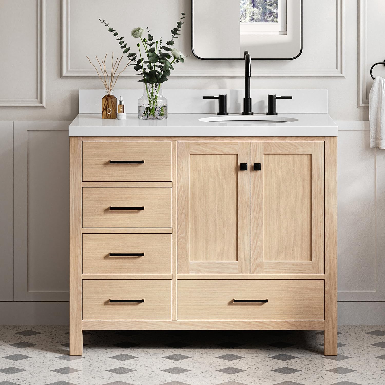 DKB Beckford 42-Inch Oak Single Bathroom Vanity with Sink, Carrara White Quartz Countertop & 1.5' Miter Edge, 4' Backsplash, Soft Closing Door & Drawer, Matte Black Hardware