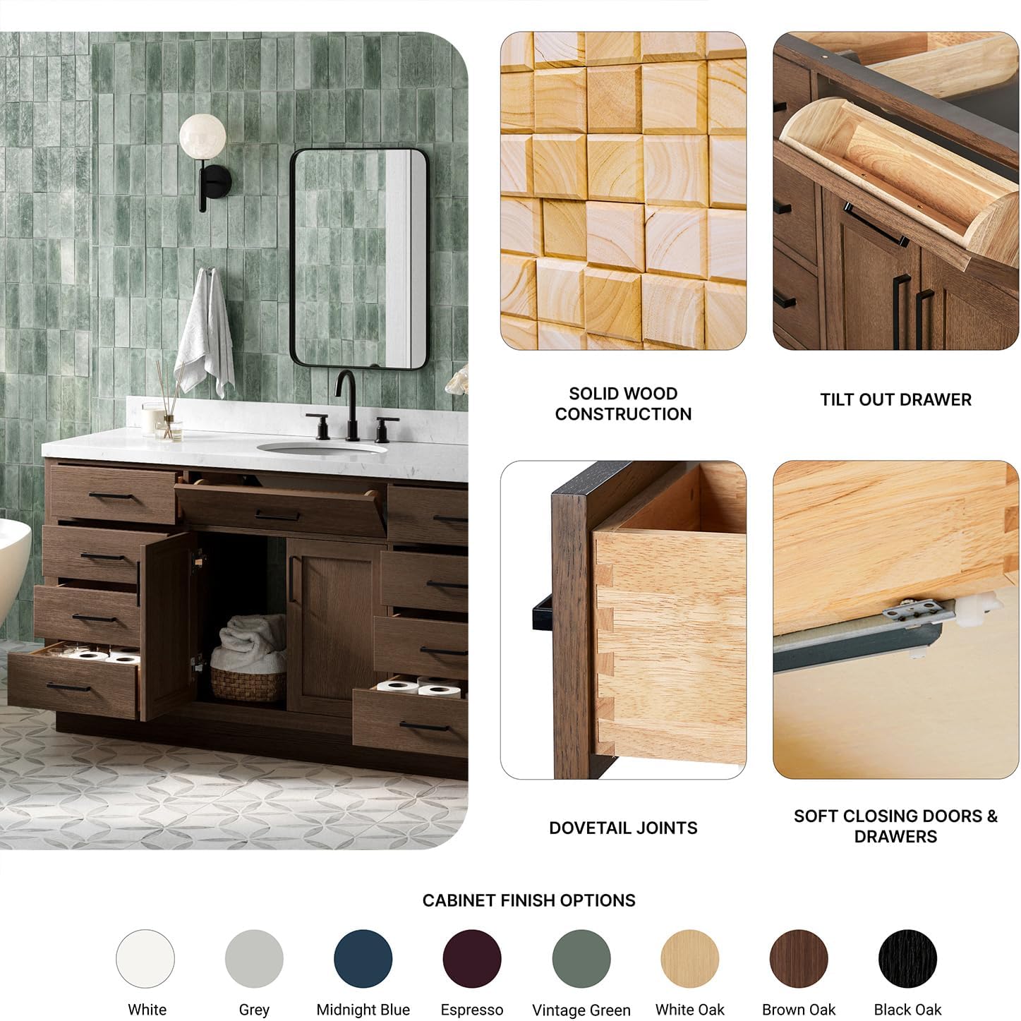 ARIEL Hepburn 66-inch Bathroom Vanity with Sink,Solid Wood, 1.5-inch Carrara White Quartz Countertop & Backsplash, Single Oval Porcelain Sink, 2 Soft Closing Doors, 9 Dovetail Drawers, Brown Oak