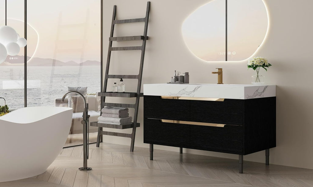 Glintee 36' Modern Bathroom Vanity with Ceramic Sink – Sintered Stone Top, 4 Soft-Close Drawers, Sturdy Solid Wood Cabinet, Wall-Mounted or Freestanding, Easy Assembly, Black & White