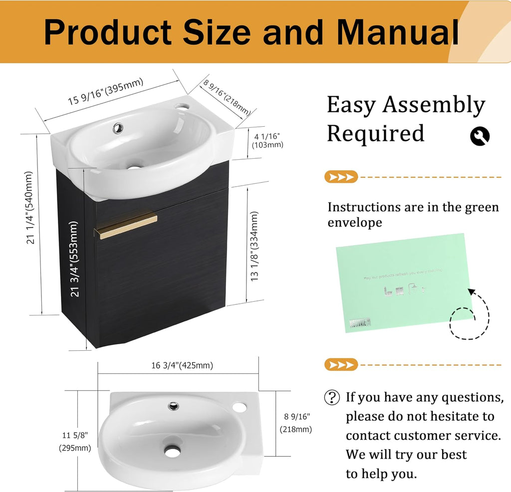 Malwee 16 Inch Floating Bathroom Vanity with Sink, 16'' Wall Mounted Single Sink Bathroom Vanity Combo, Modern Black Cabinet Set with 1 Soft Close Door and Ceramics Basin Top,MAF02916-BCT