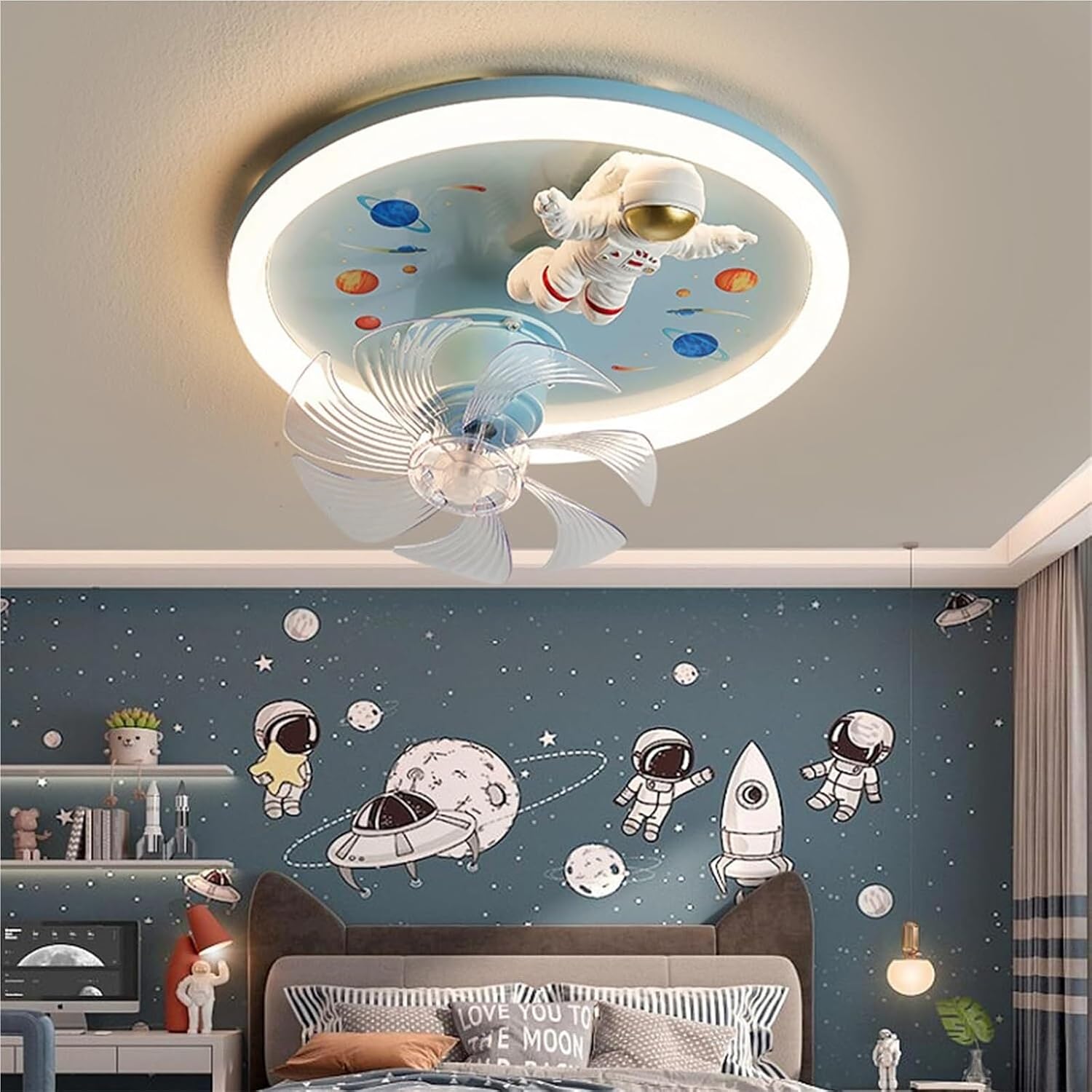 PAYAER 72W Astronaut Ceiling Fan with Light, Modern Flush Mount LED Chandelier, Low Profile Invisible Fan Light for Kids Room, Boys & Girls Bedroom Decor