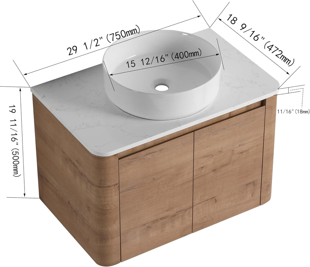 30 Inch Wall-Mounted Bathroom Vanity with Sink Combo Modern Floating Bathroom Vanitites with Round Ceramic Vessel Sink 30' Bathroom Sink Cabinet with Marble Counter Top & Soft Closing Door