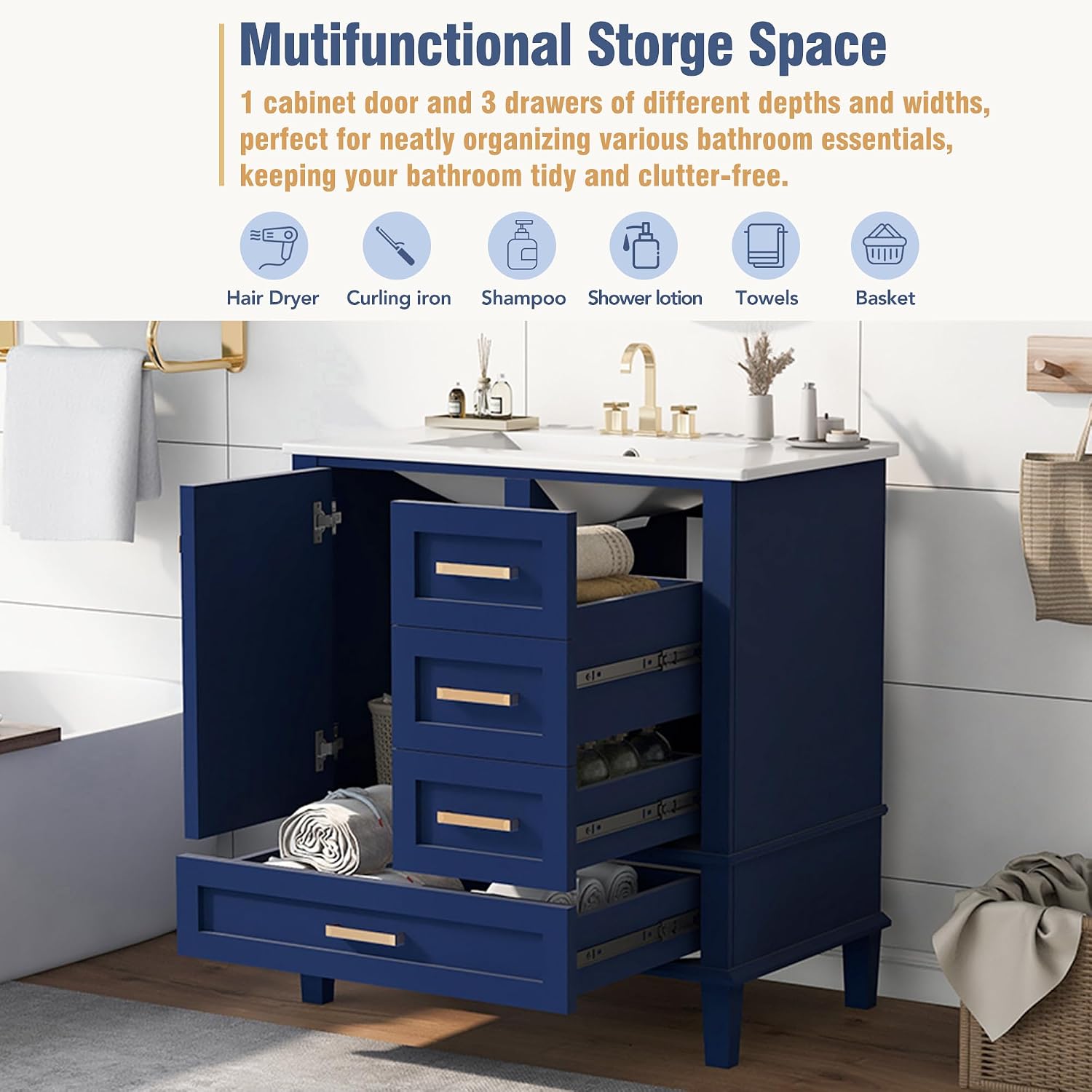 Mirightone 30' Bathroom Vanity with Sink, 30 Inch Bathroom Vanity with Top, 3 Drawers and 1 Soft Closing Door, Modern Bathroom Vanity with Sink 30 Inch for Bathroom (Blue)