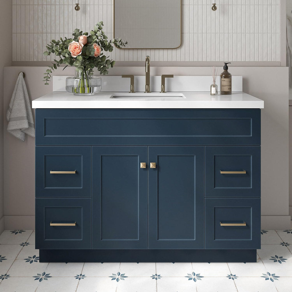 ARIEL Hamlet 48-inch Bathroom Vanity with Sink,Solid Wood, 1.5-inch Pure White Quartz Countertop, Single Rectangular Porcelain Sink, Soft Closing Doors, Dovetail Drawers, Midnight Blue