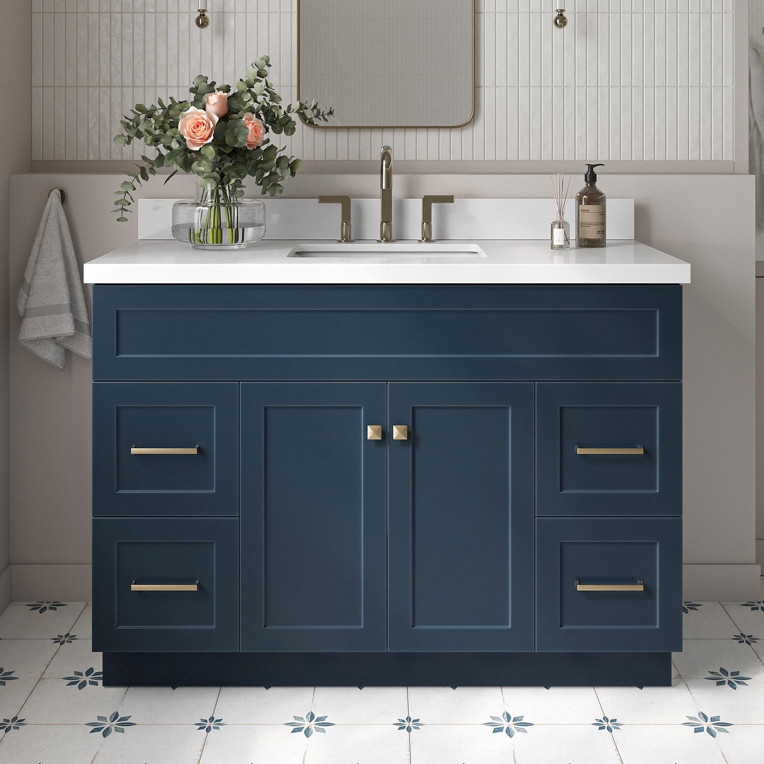 ARIEL Hamlet 48-inch Bathroom Vanity with Sink,Solid Wood, 1.5-inch Pure White Quartz Countertop, Single Rectangular Porcelain Sink, Soft Closing Doors, Dovetail Drawers, Midnight Blue