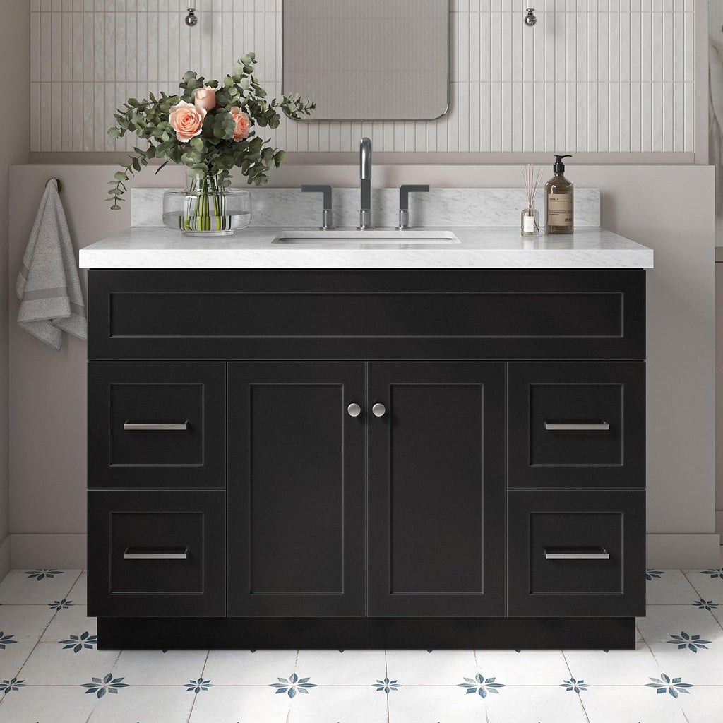 ARIEL Hamlet 48-inch Bathroom Vanity with Sink,Solid Wood, 1.5-inch Italian Carrara Marble Countertop, Single Rectangular Porcelain Sink, 2 Soft Closing Doors, 4 Dovetail Drawers, Black