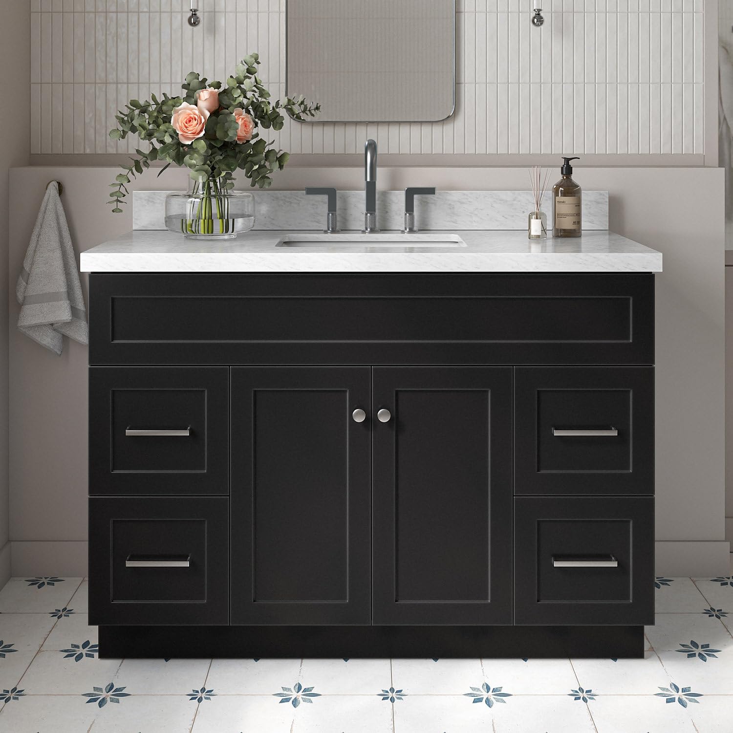 ARIEL Hamlet 48-inch Bathroom Vanity with Sink,Solid Wood, 1.5-inch Italian Carrara Marble Countertop, Single Rectangular Porcelain Sink, 2 Soft Closing Doors, 4 Dovetail Drawers, Black