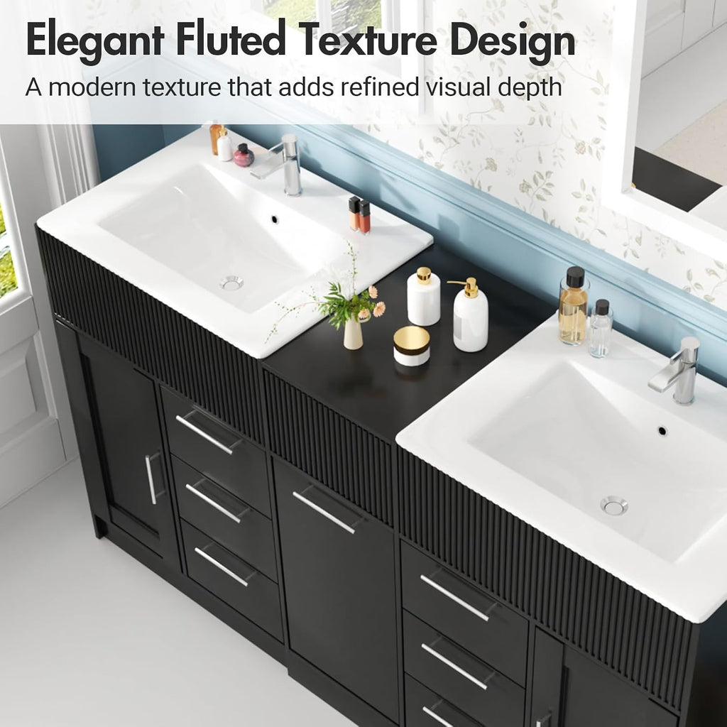 Kikihouse 60 Inch Bathroom Vanity with Double-Sink, Freestanding Modern Bathroom Vanity Cabinet with Ceramic Basin, Storage Organizer with 7 Drawers, for for Spacious Bathrooms (Black, 60 inch)