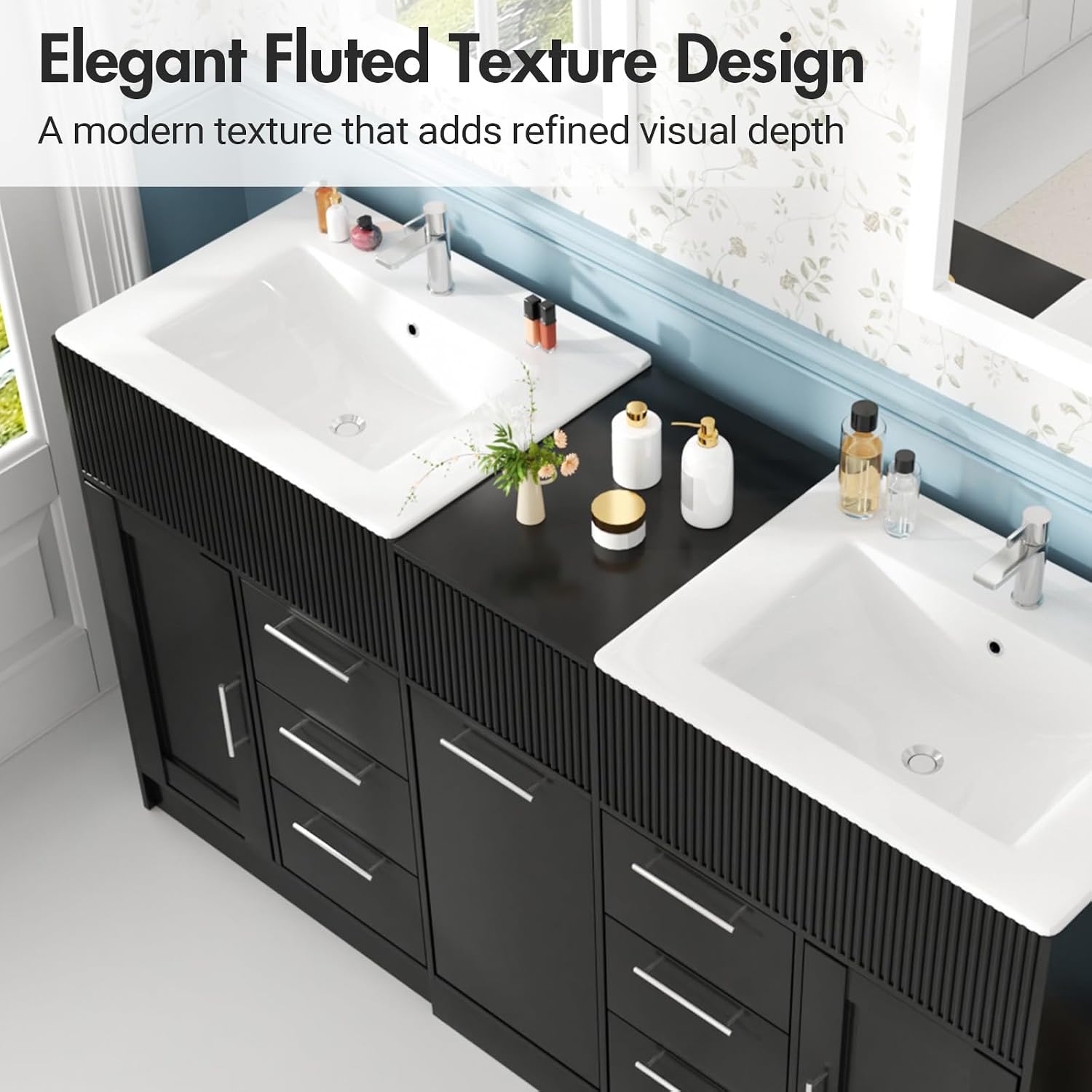 Kikihouse 60 Inch Bathroom Vanity with Double-Sink, Freestanding Modern Bathroom Vanity Cabinet with Ceramic Basin, Storage Organizer with 7 Drawers, for for Spacious Bathrooms (Black, 60 inch)