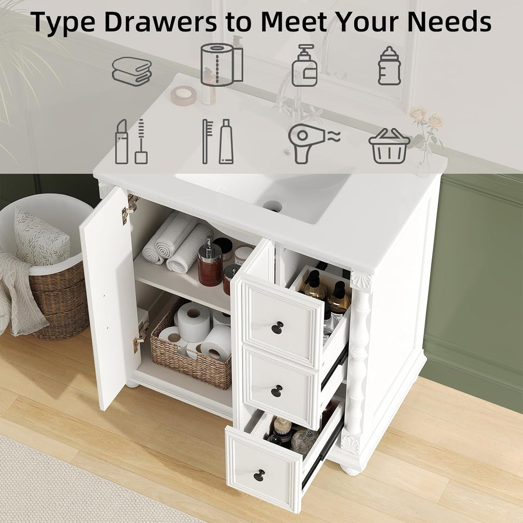 ONBRILL Bathroom Vanity with Sink Combo, Modern Bathroom Vanities with Adjustable Shelf, 4 Solid Legs, 2 Drawers, 2 Doors, Ceramic Integrated Sink, Freestanding Bath Storage Cabinet (32', White)