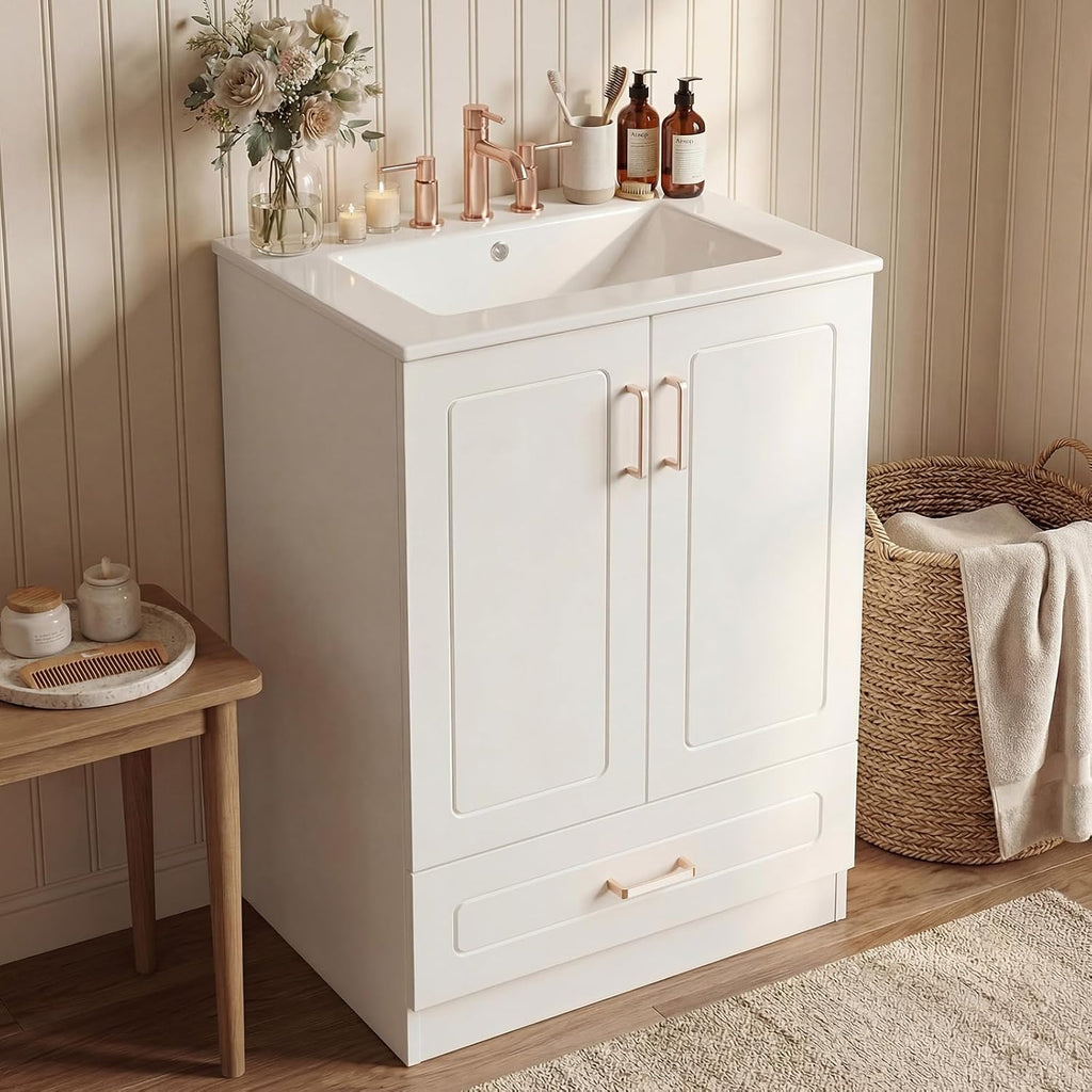 Sweetcrispy 24' Modern Bathroom Vanity with Ceramic Basin, Undermount Vanity Sink Cabinet with 2 Doors and 1 Drawer, Free Standing Bathroom Storage Cabinet with Sink Combo Set, Ivory