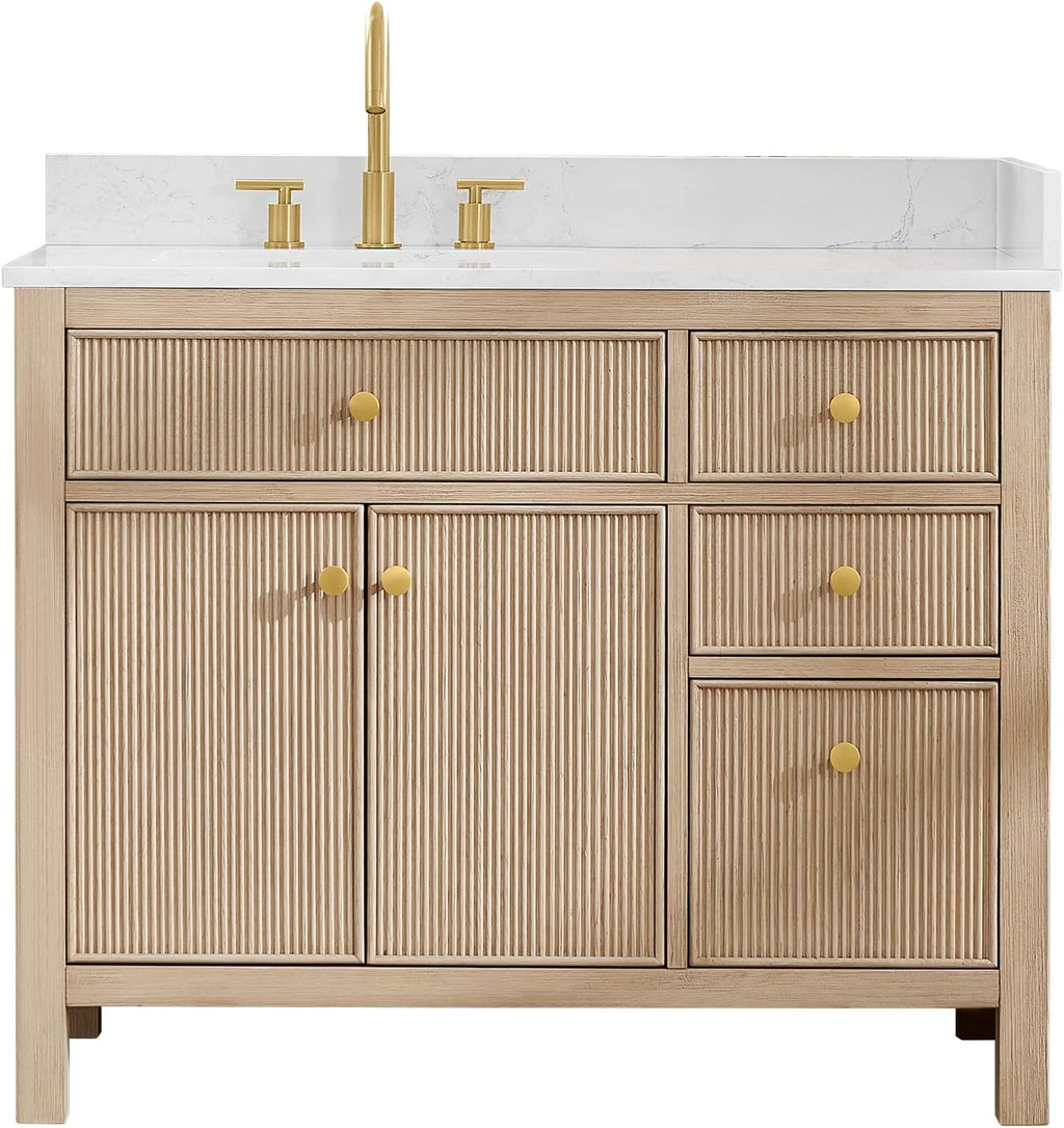 Cerrito 42' Wood Vanity in Natural Oak Grain Engineered Stone Top no Mirror
