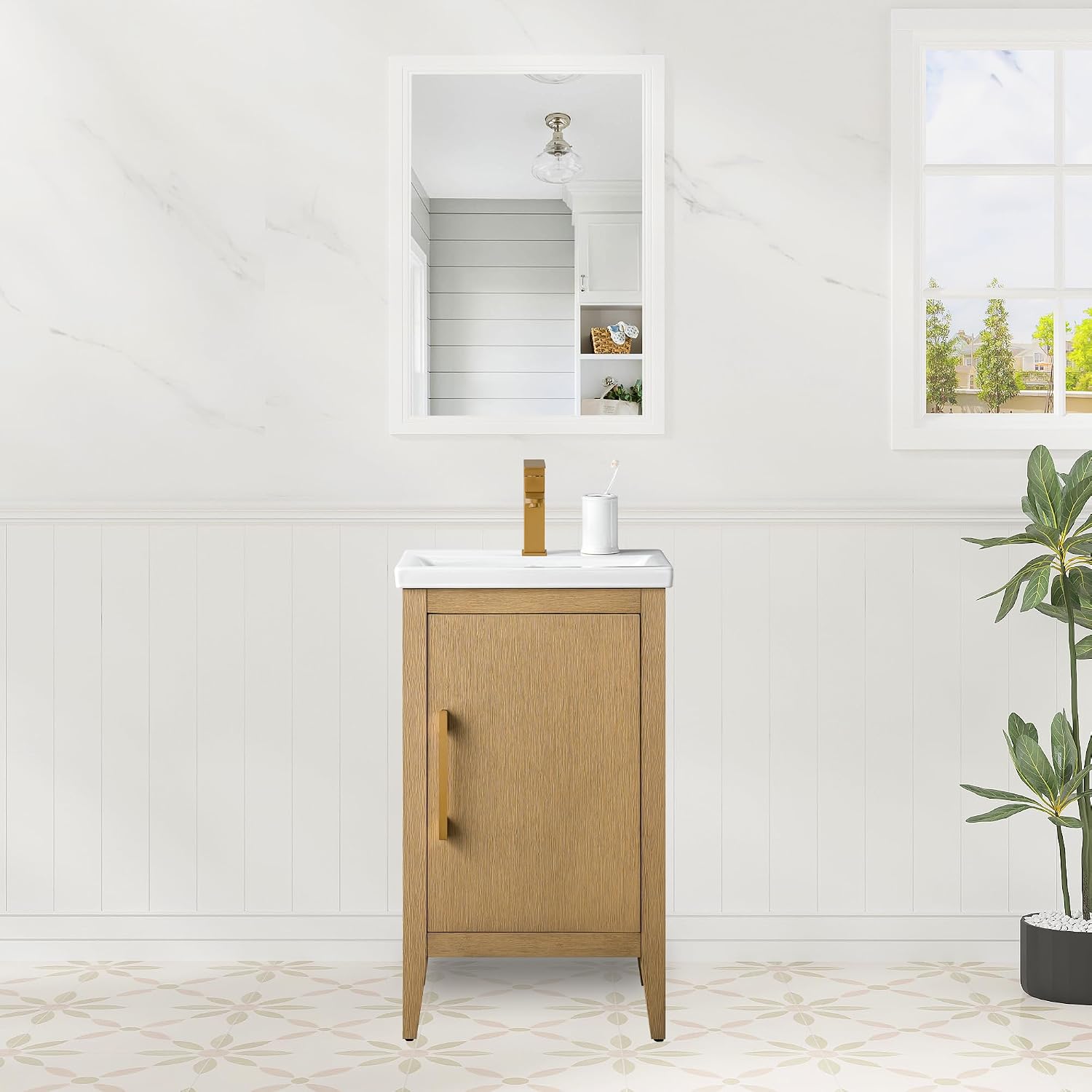 HOMEBEYOND 20 Inch Bathroom Vanities with Sink & Ceramic Top, Single Vanity Cabinet with Basin, Solid Wood Frame, Soft-Closing Doors & Golden Brushed Hardware, Natural Oak