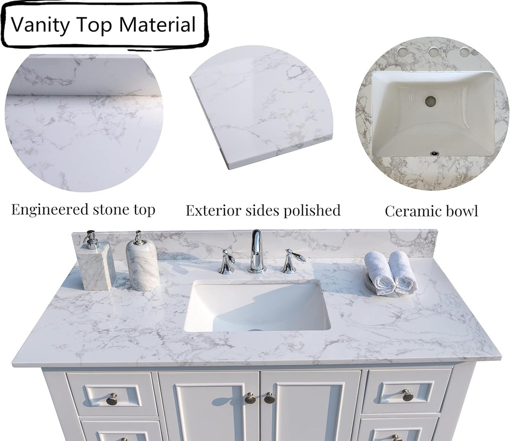Bathroom Marbling 43-in X 22-in Vanity Top Sink with undermount Bowl And 3 Pre-Drilled Hole, Reinforced Packaging, Engineering Stone, Carrara White (Not included Faucet)