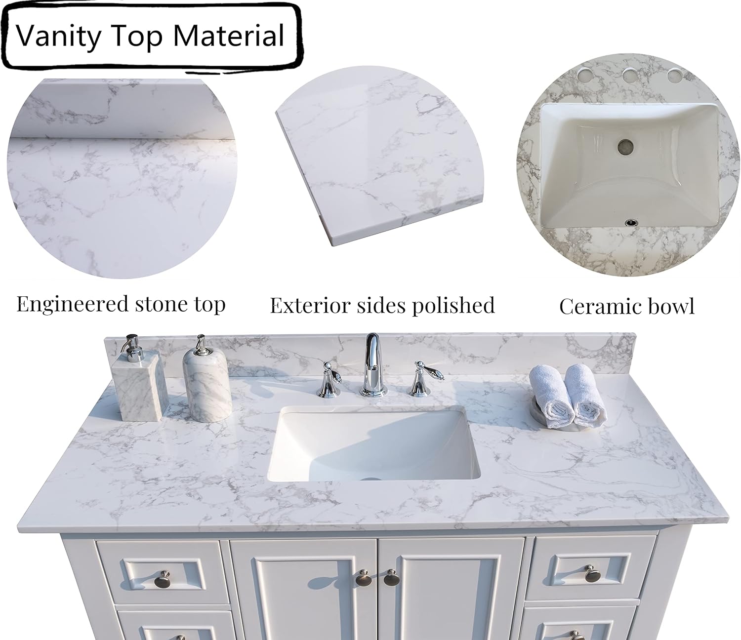 Bathroom Marbling 43-in X 22-in Vanity Top Sink with undermount Bowl And 3 Pre-Drilled Hole, Reinforced Packaging, Engineering Stone, Carrara White (Not included Faucet)