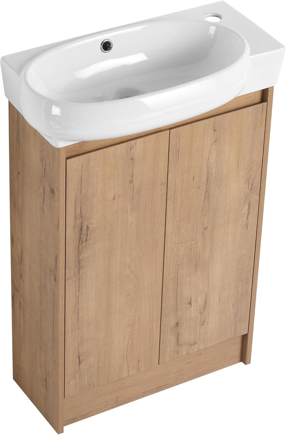 23' Small Bathroom Vanity with Sink, Freestanding Bathroom Vanity Cabinet with Round Ceramic Basin, Soft Closing Doors, Adjustable Shelves, Modern Single Sink Bathroom Vanity, Imitative Oak