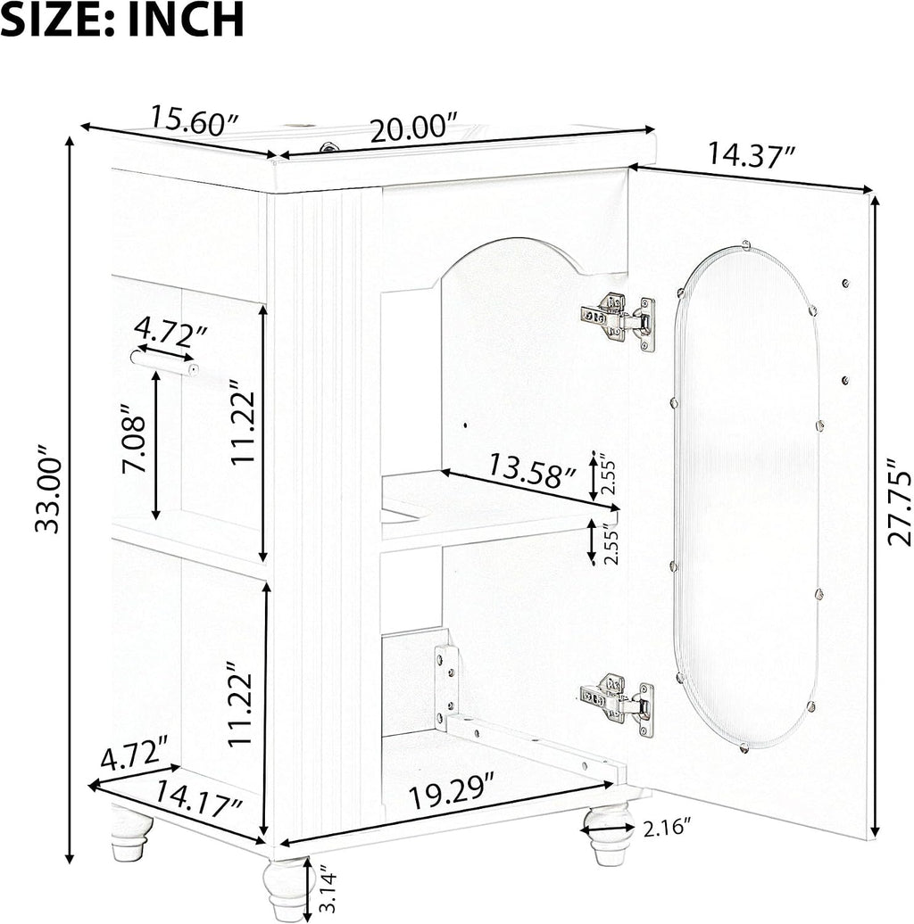 20-inch Bathroom Vanity with Sink, Free Standing Vanity Cabinet with Two-Tier Shelf and Glass Door, Wooden Bath Set Organizer with Single Ceramic Sink for Bathroom, Black