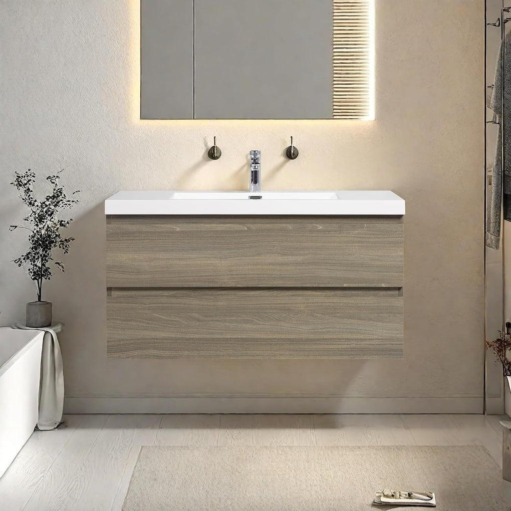Floating Bathroom Vanity with Sink, Modern 42' Wall Mounted Vanity with Resin Top Basin and 2 U-Shaped Soft-Close Storage Drawers, Bathroom Storage Cabinet with Invisible Handle, Grey