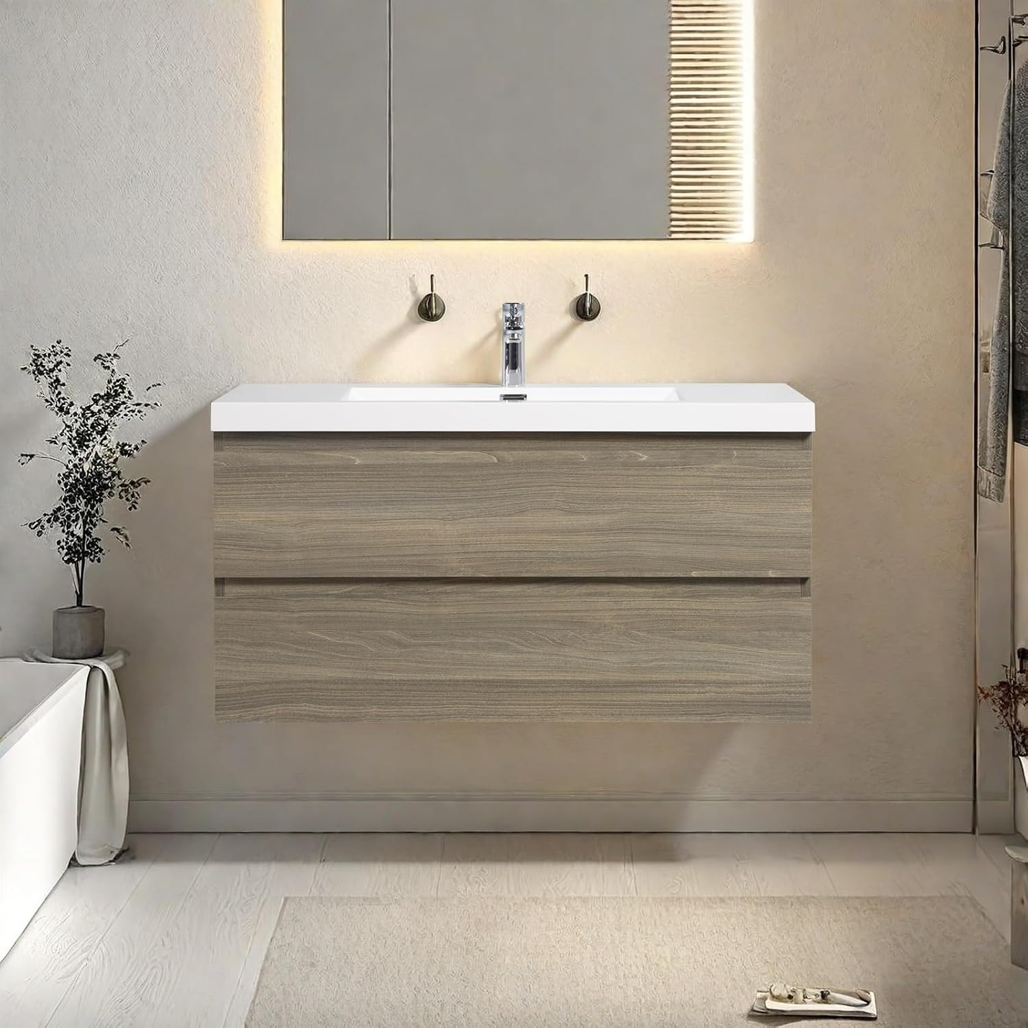 Floating Bathroom Vanity with Sink, Modern 42' Wall Mounted Vanity with Resin Top Basin and 2 U-Shaped Soft-Close Storage Drawers, Bathroom Storage Cabinet with Invisible Handle, Grey