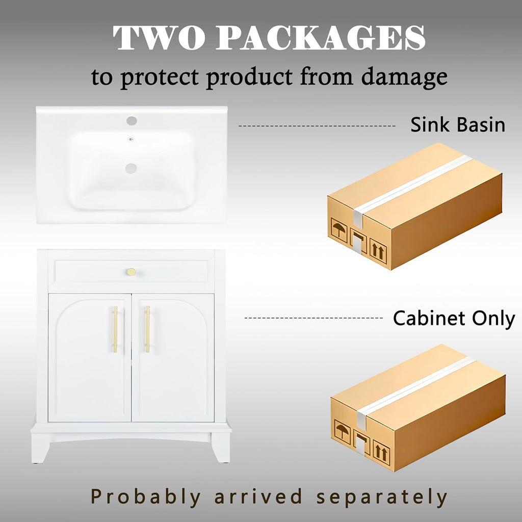 28 inch Bathroom Vanity with Sink Combo, Mid Century Modern Freestanding Bathroom Cabinet with Integrated Ceramic Sink, 2 Soft Closed Doors, Adjustable Shelves, Golden Handle, White
