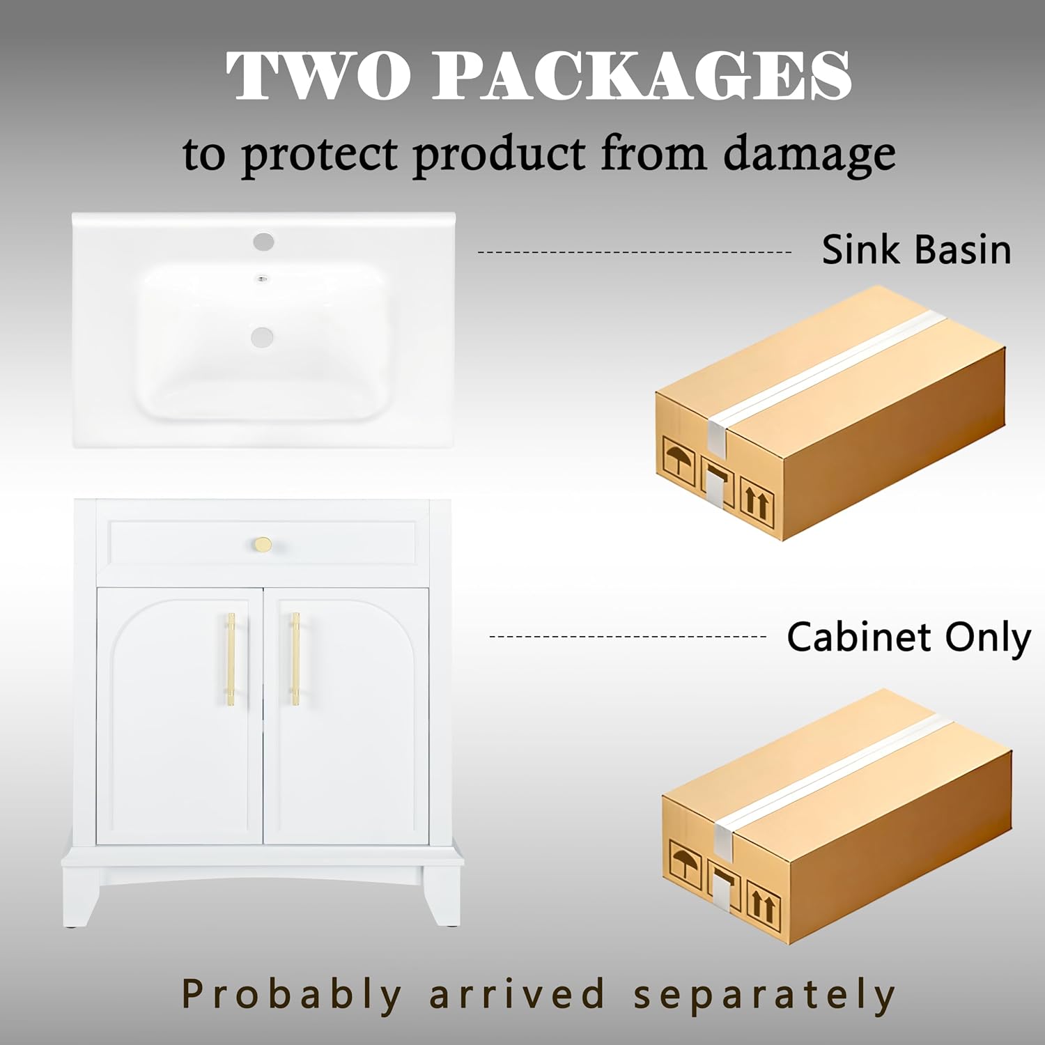 28 inch Bathroom Vanity with Sink Combo, Mid Century Modern Freestanding Bathroom Cabinet with Integrated Ceramic Sink, 2 Soft Closed Doors, Adjustable Shelves, Golden Handle, White