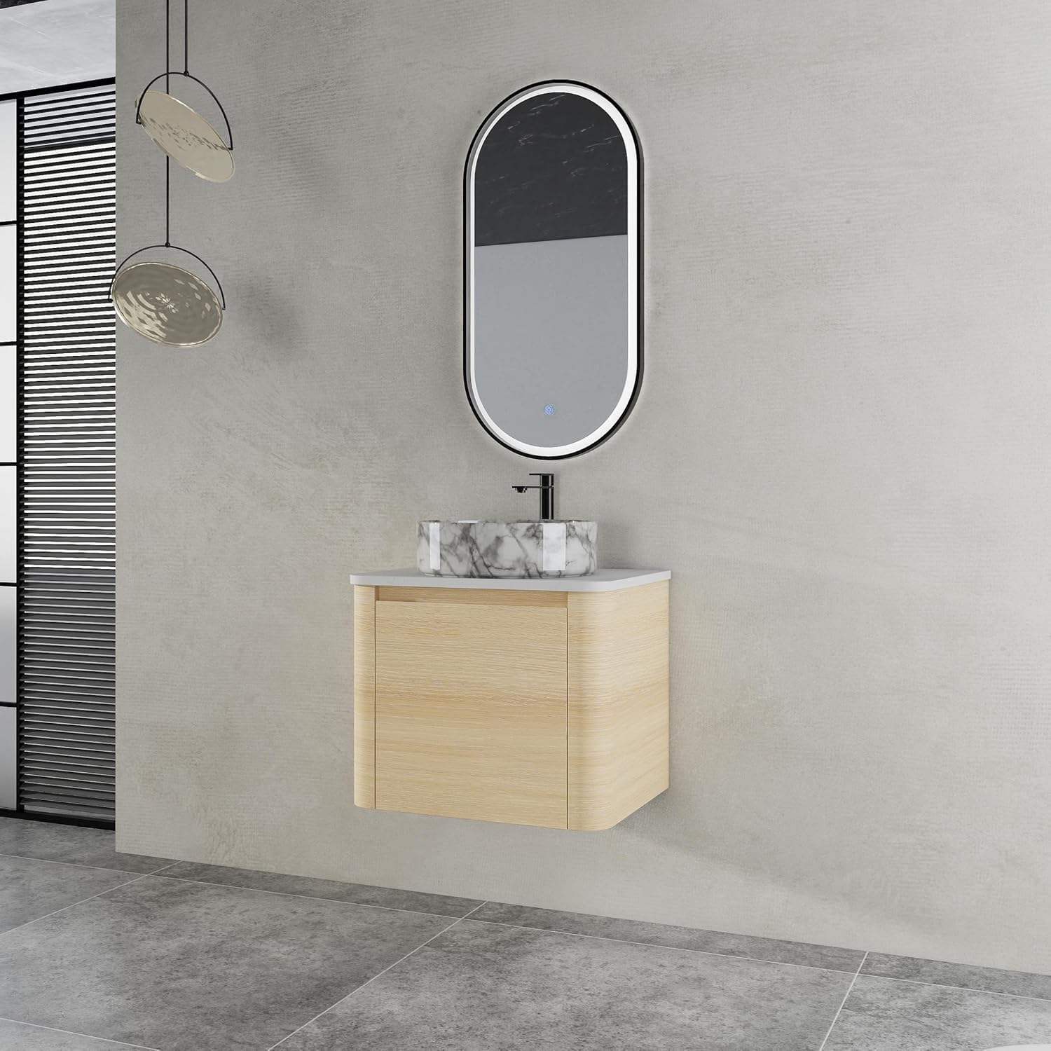 24 Inch Wall-Mounted Bathroom Vanity with Sink Combo Modern Floating Bathroom Vanitites with Round Ceramic Vessel Sink 24' Bathroom Sink Cabinet with Marble Counter Top & Soft Closing Door