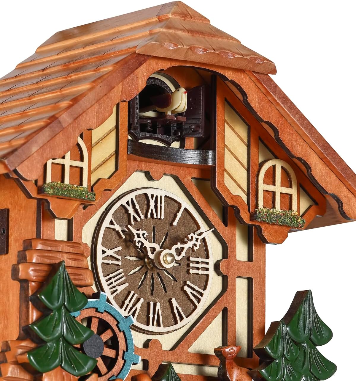 Kintrot Cuckoo Clock Black Forest Chalet Clock 11x22.5 Inches | Handcrafted Wooden Wall Clock with Singing Bird, Rotating Waterwheel, Night Mode and 12 Melodies