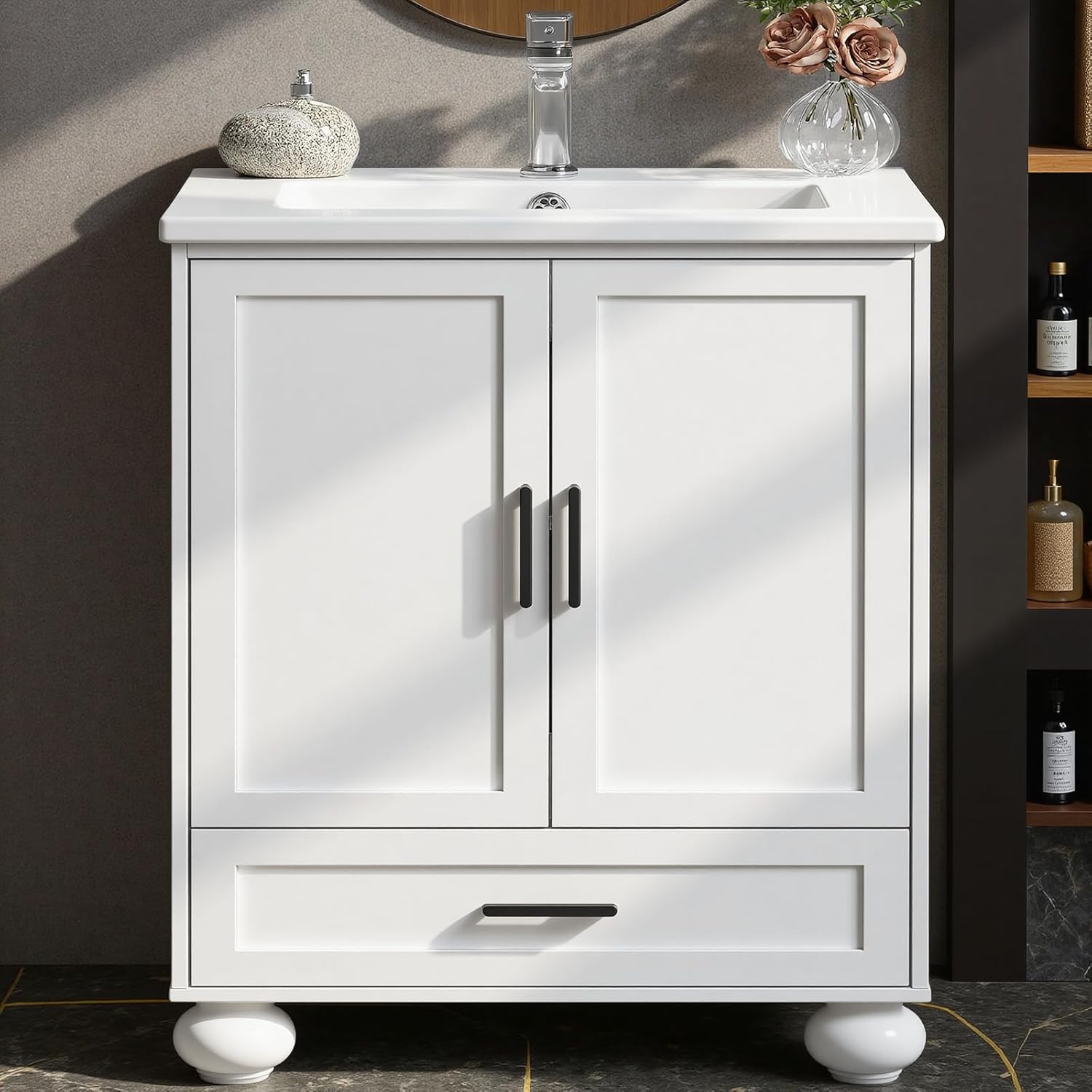 LIKIMIO 24' Bathroom Vanity with Ceramic Sink, Small Bathroom Storage Cabinet, 2 Doors 1 Drawer, 4 Solid Wood Legs, Fits 15-40 sqft Bathroom, White Freestanding Vanity Cabinet for Apartments, Rentals