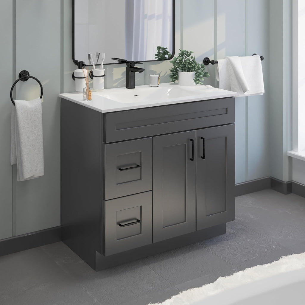 Gray Shaker Bathroom Vanity Sink Base with Drawers 36 in Ready-to-Assemble Cabinet