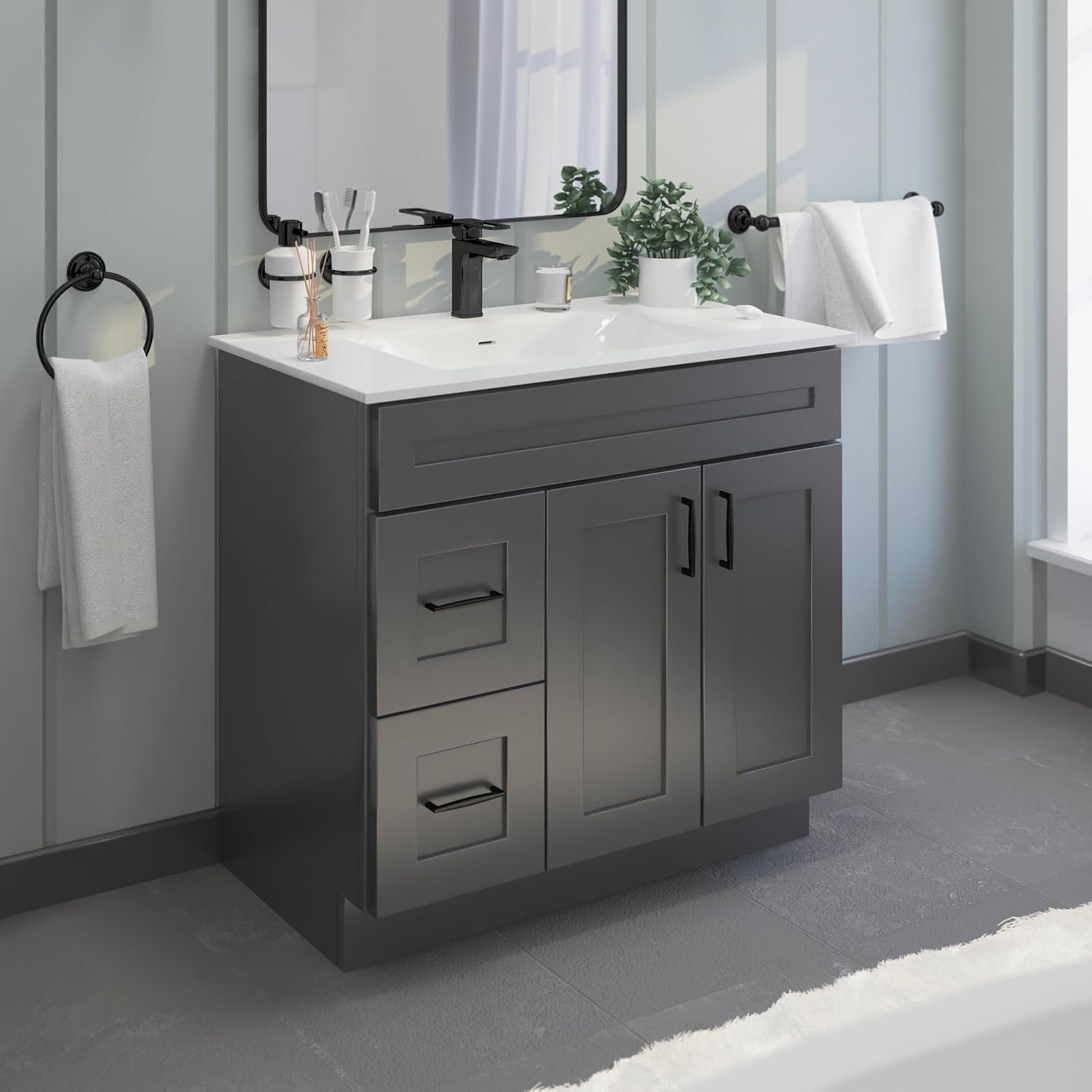 Gray Shaker Bathroom Vanity Sink Base with Drawers 36 in Ready-to-Assemble Cabinet