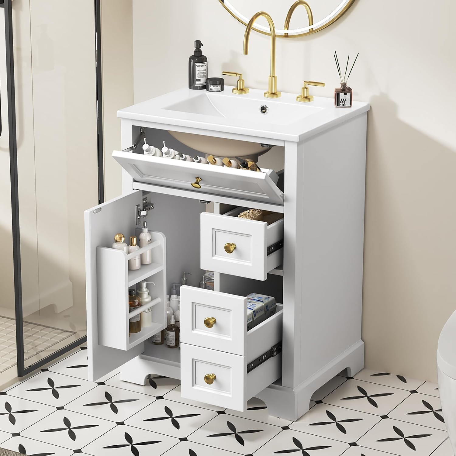 Bathroom Vanity with Sink 24 Inch, Tip-Out Drawer and Door Rack, Adjustable Shelf, Soft-Closing Drawers and Door, White